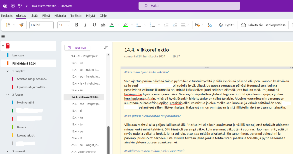 Kuva OneNote-muistikirjan sivusta, jossa on viikkoreflektio.