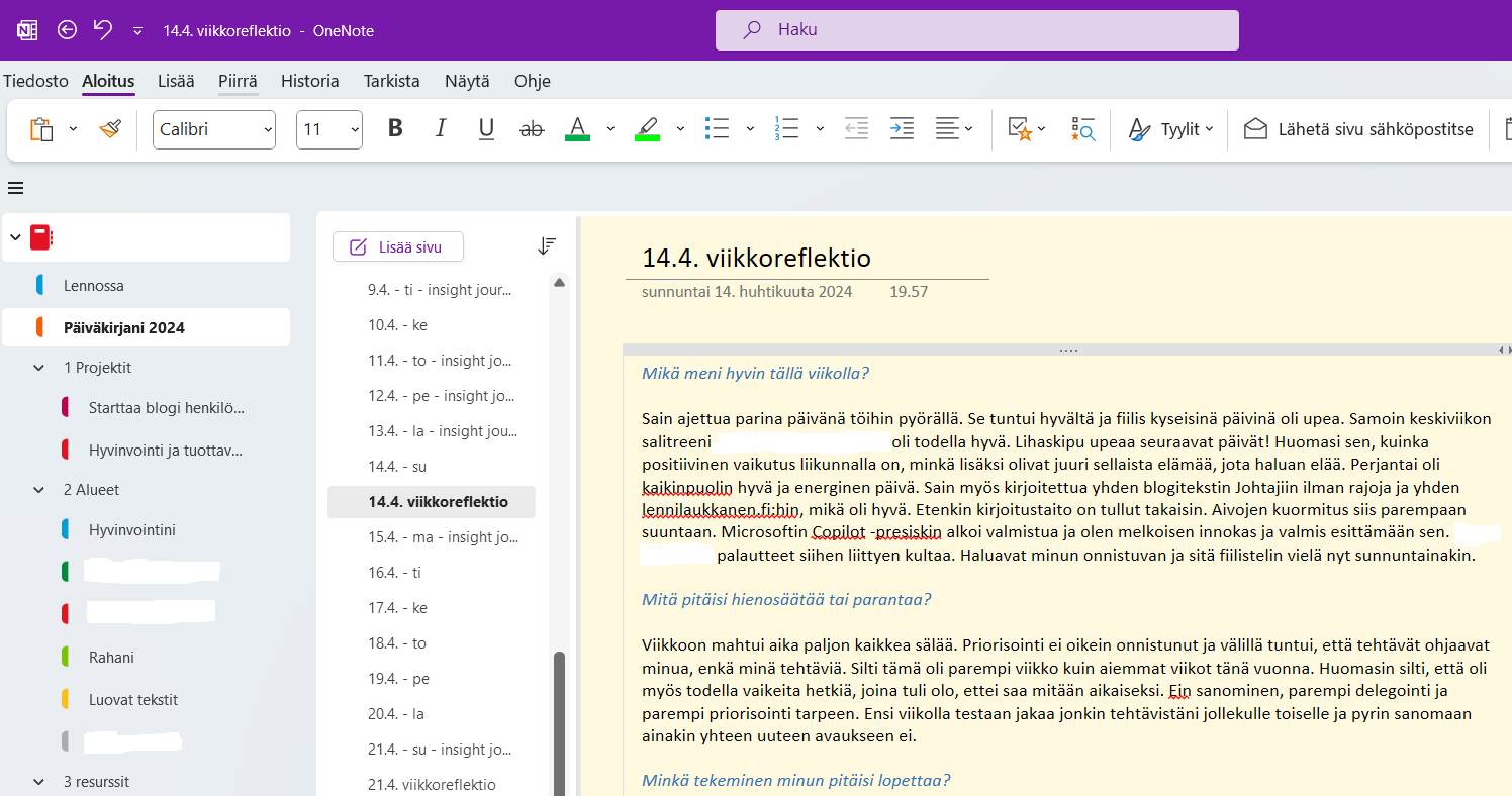 Kuva OneNote-muistikirjan sivusta, jossa on viikkoreflektio.