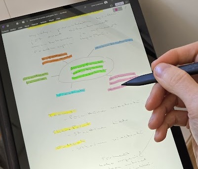 Surface-tablet ja käsi, joka pitelee kynää. Tabletin näytöllä Journal-ohjelmisto ja siihen piirretty värikäs mind map.