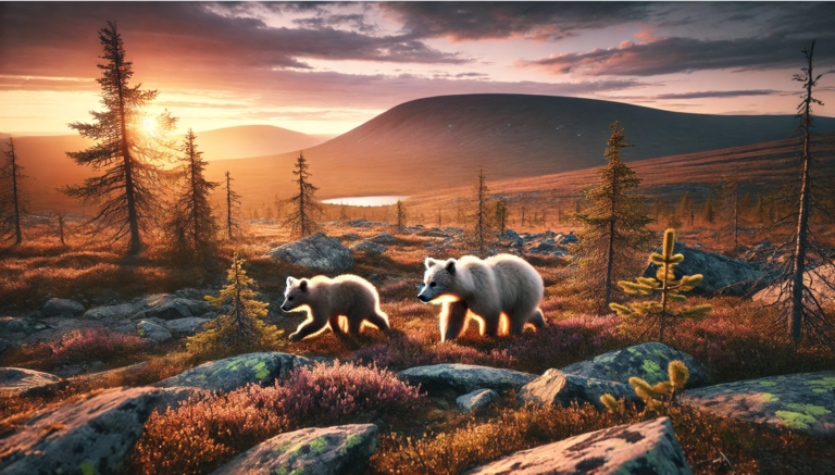 kaksi karhua tunturimaisemassa auringon noustessa