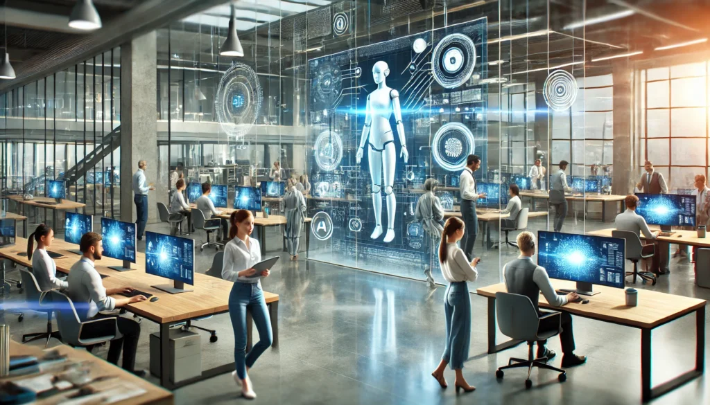 Ihmisiä työskentelemässä tekoälyn parissa futuristisessa toimistossa